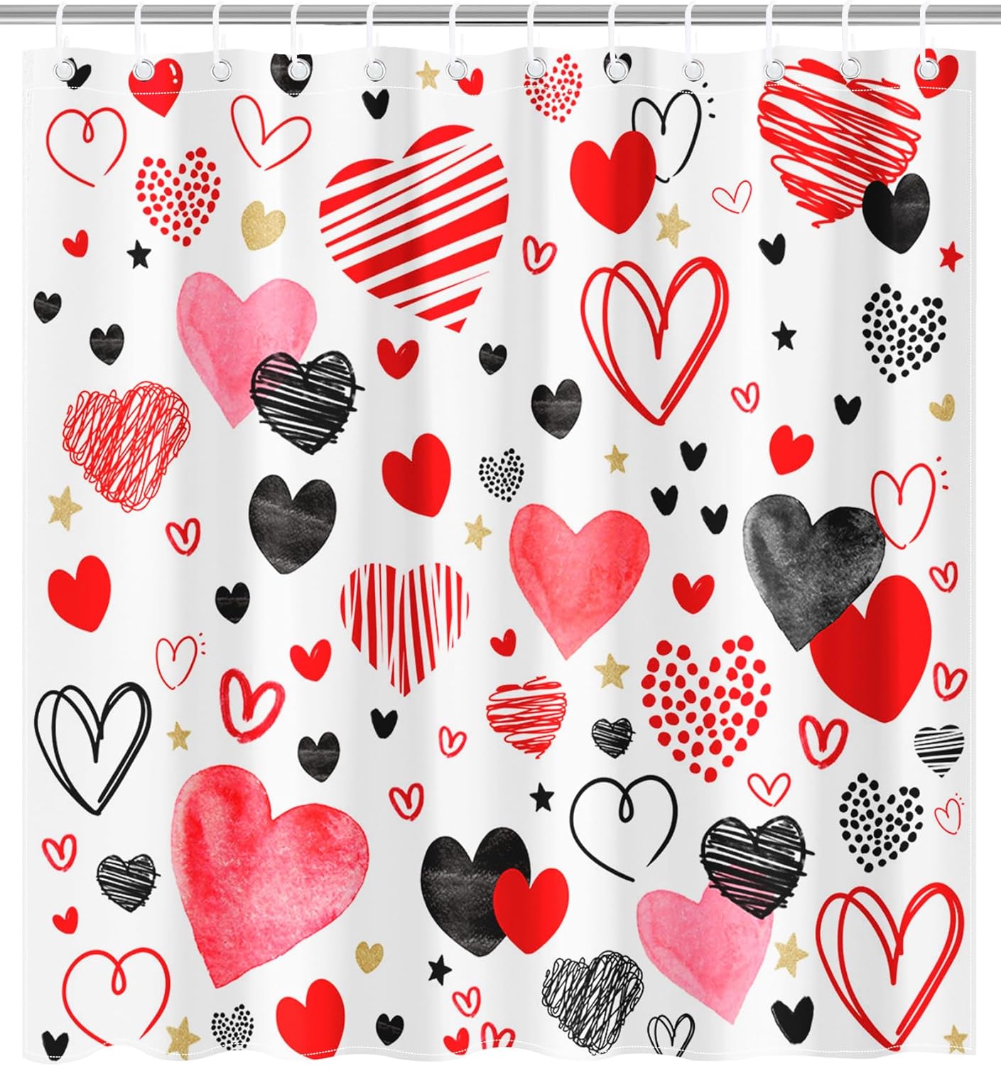 Valentines Day Red and Black Heart Shower Curtain Set with 12 Hooks