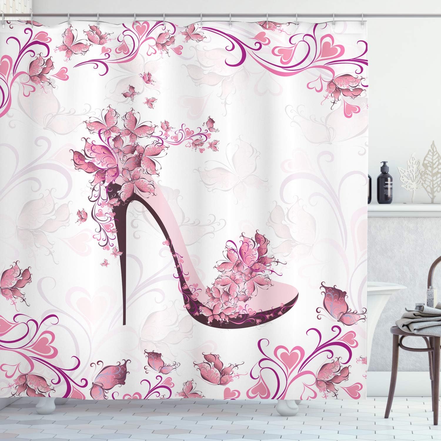 Ambesonne Pink White Shower Curtain with Hooks