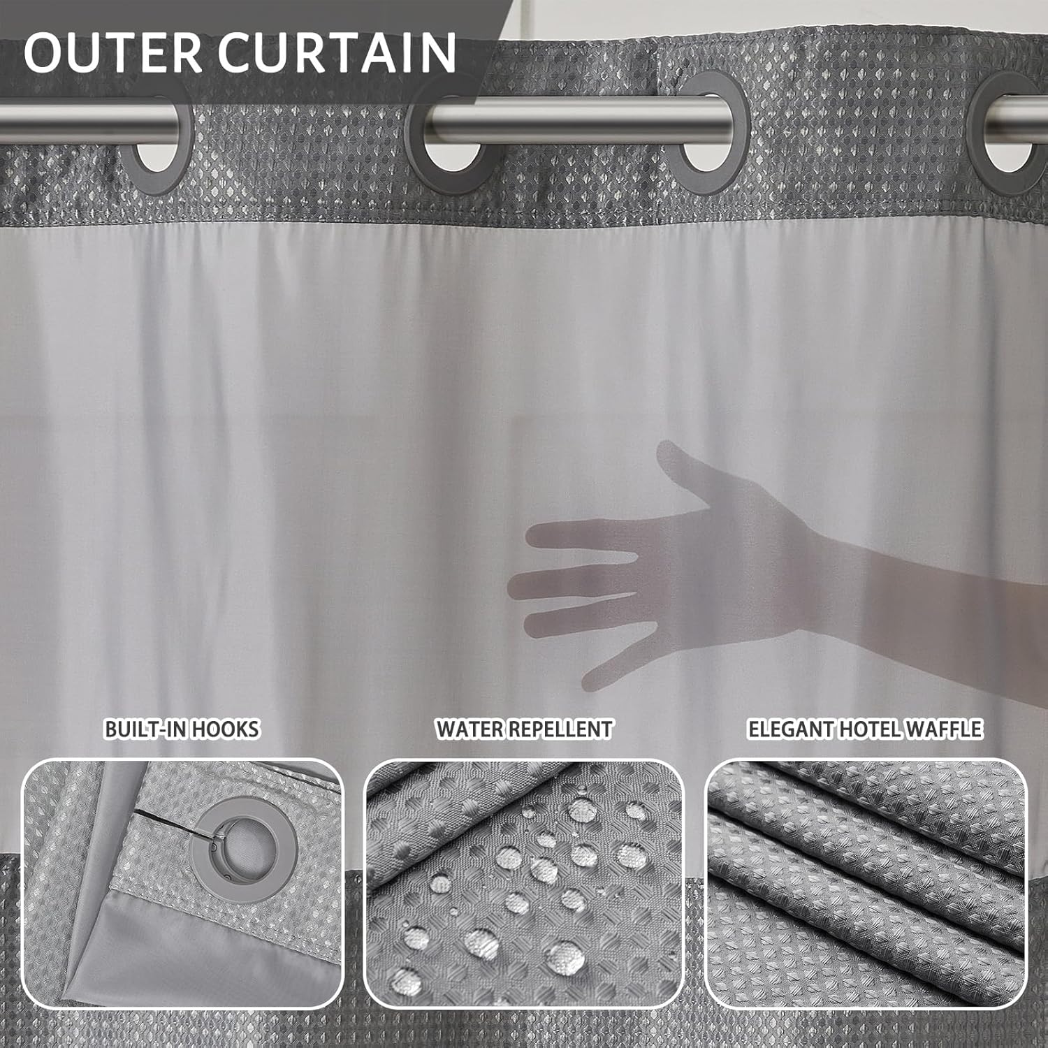 Furlinic No Hook Shower Curtain Set Waffle Weave See Through Window 71x75 Inch