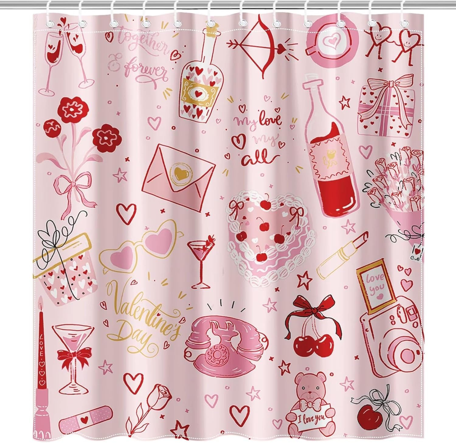 Pink Valentines Day Shower Curtain Set with 12 Hooks 72x72 Inches