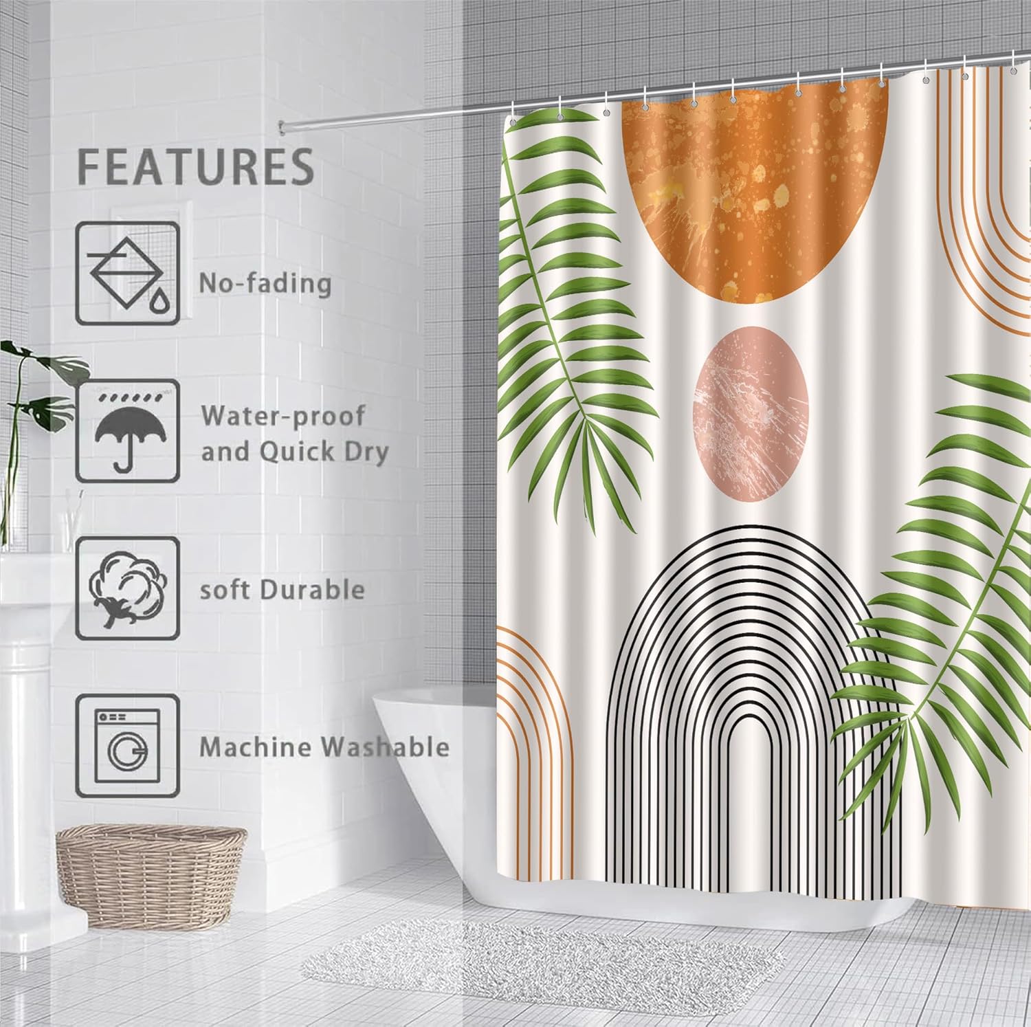Boho Sage Green 72x72 Shower Curtain Set with 12 Hooks