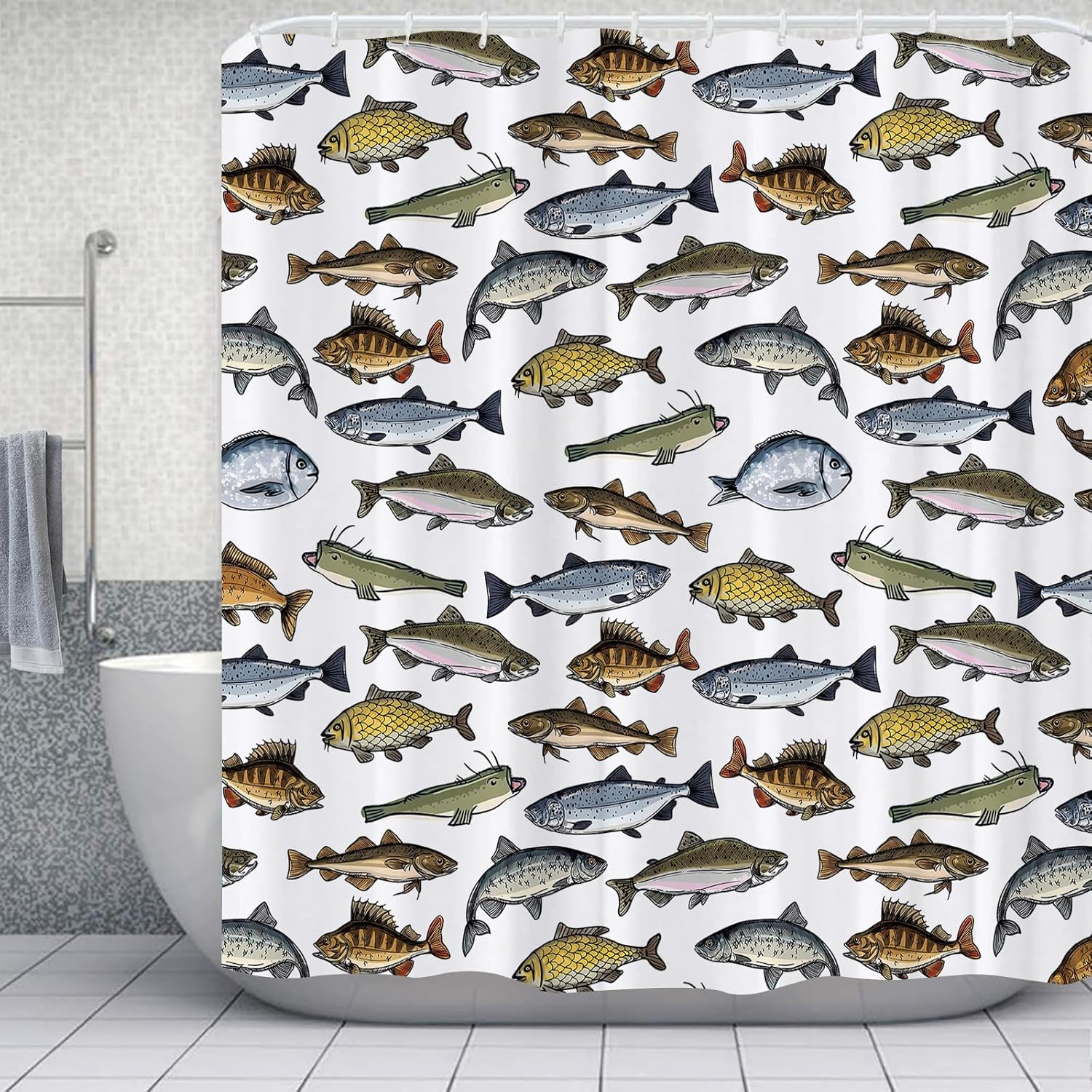 Yomane Fish Print Shower Curtain Set with 12 Hooks 72x72