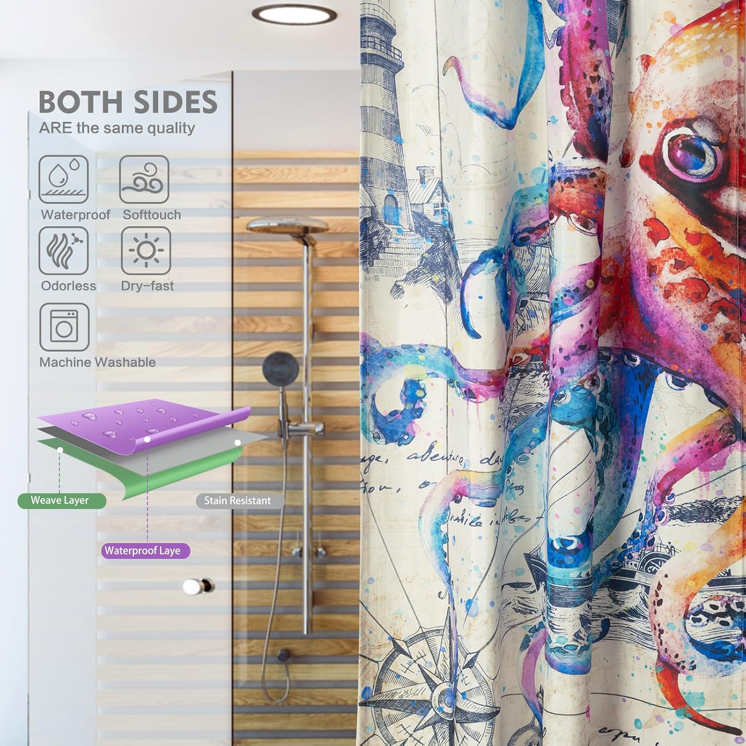 Lokigo Nautical Octopus Shower Curtain 36x72 with 7 Hooks