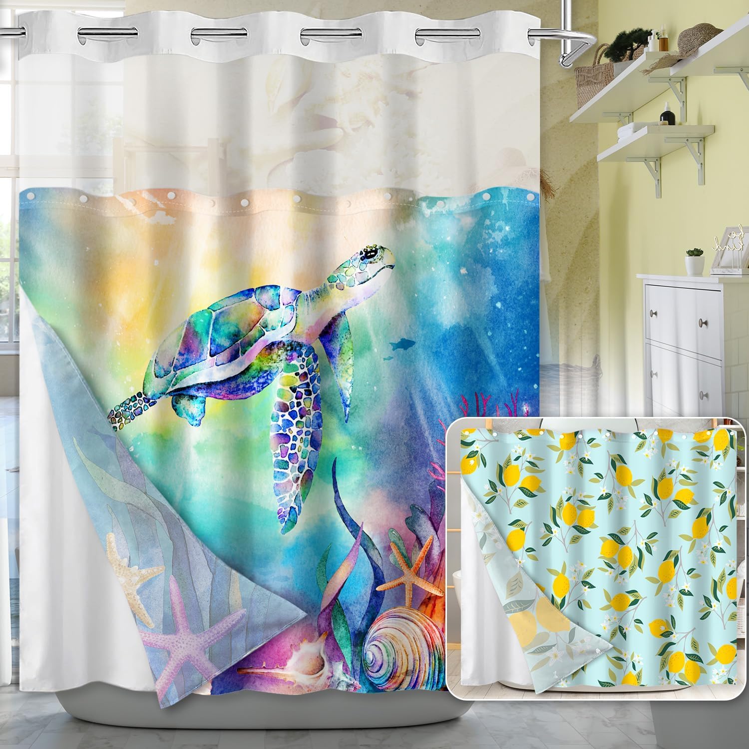 Lokigo Teal Blue Hookless Shower Curtain Set with Liner
