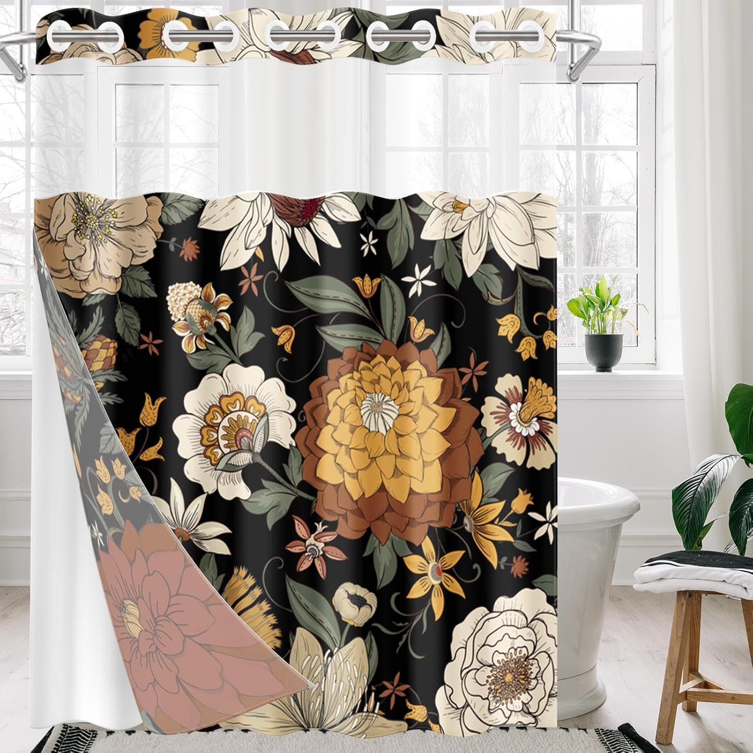 Nesphy Boho Floral Shower Curtain Set with Snap Lining 1