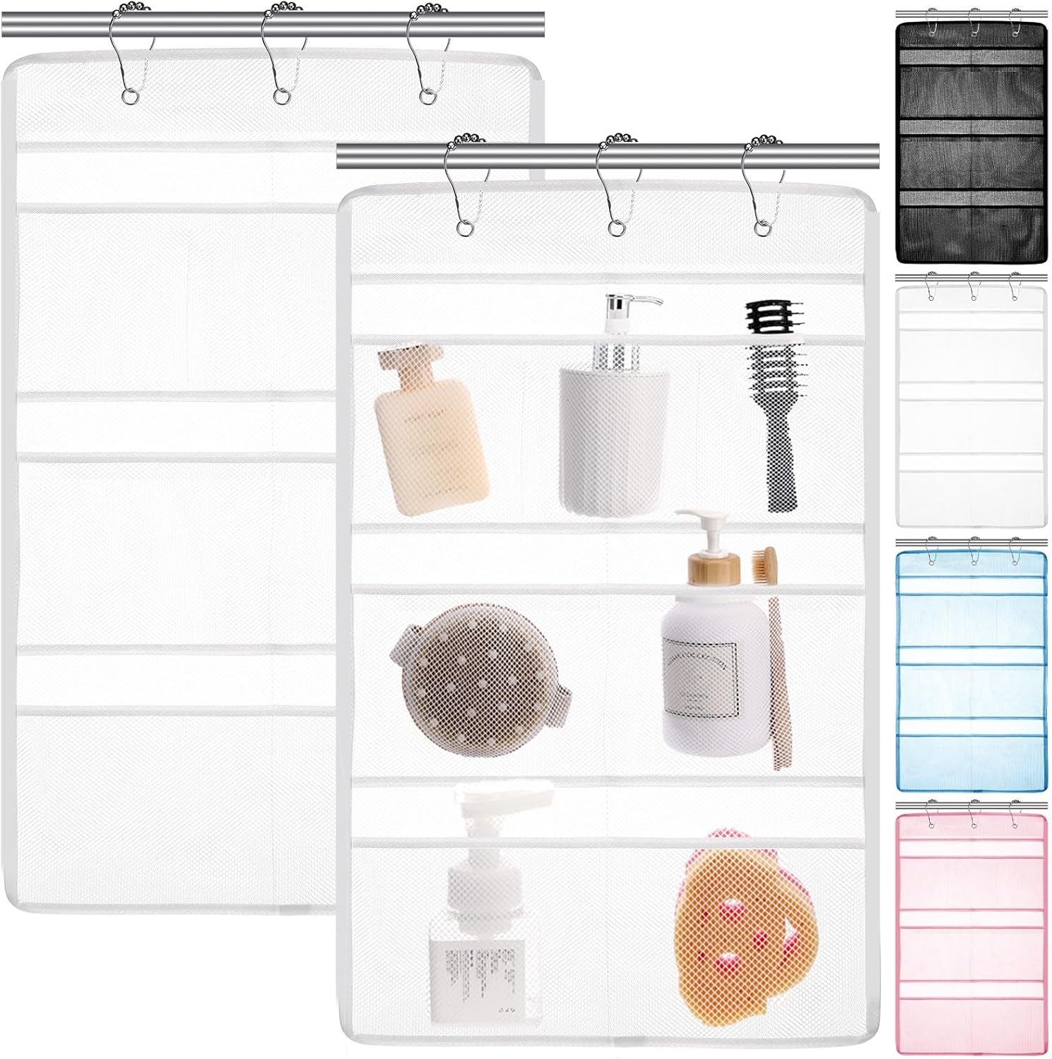 2 Pack 7 Pockets Mesh Shower Caddy with Metal Hangers - White