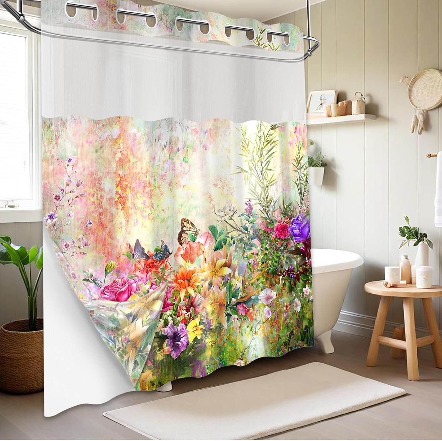 Tonmue Spring Summer Floral Hookless Shower Curtain Set 1