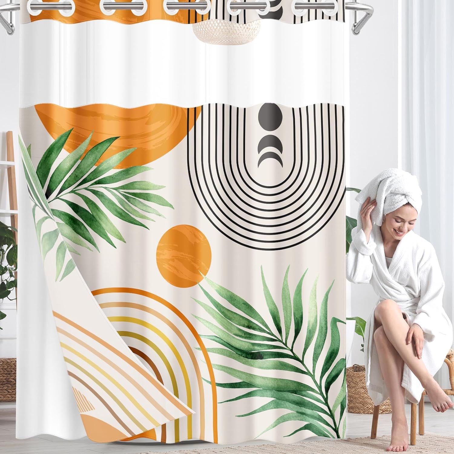 Nesphy Boho Geometric Shower Curtain Set with Liner