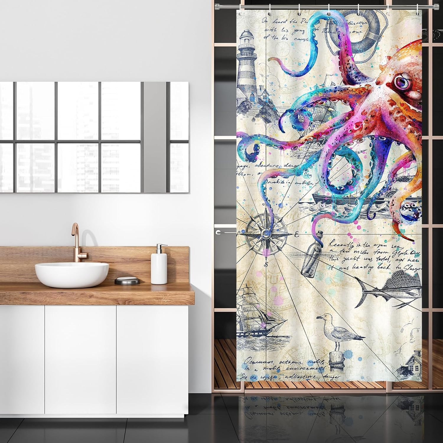 Lokigo Nautical Octopus Shower Curtain 36x72 with 7 Hooks