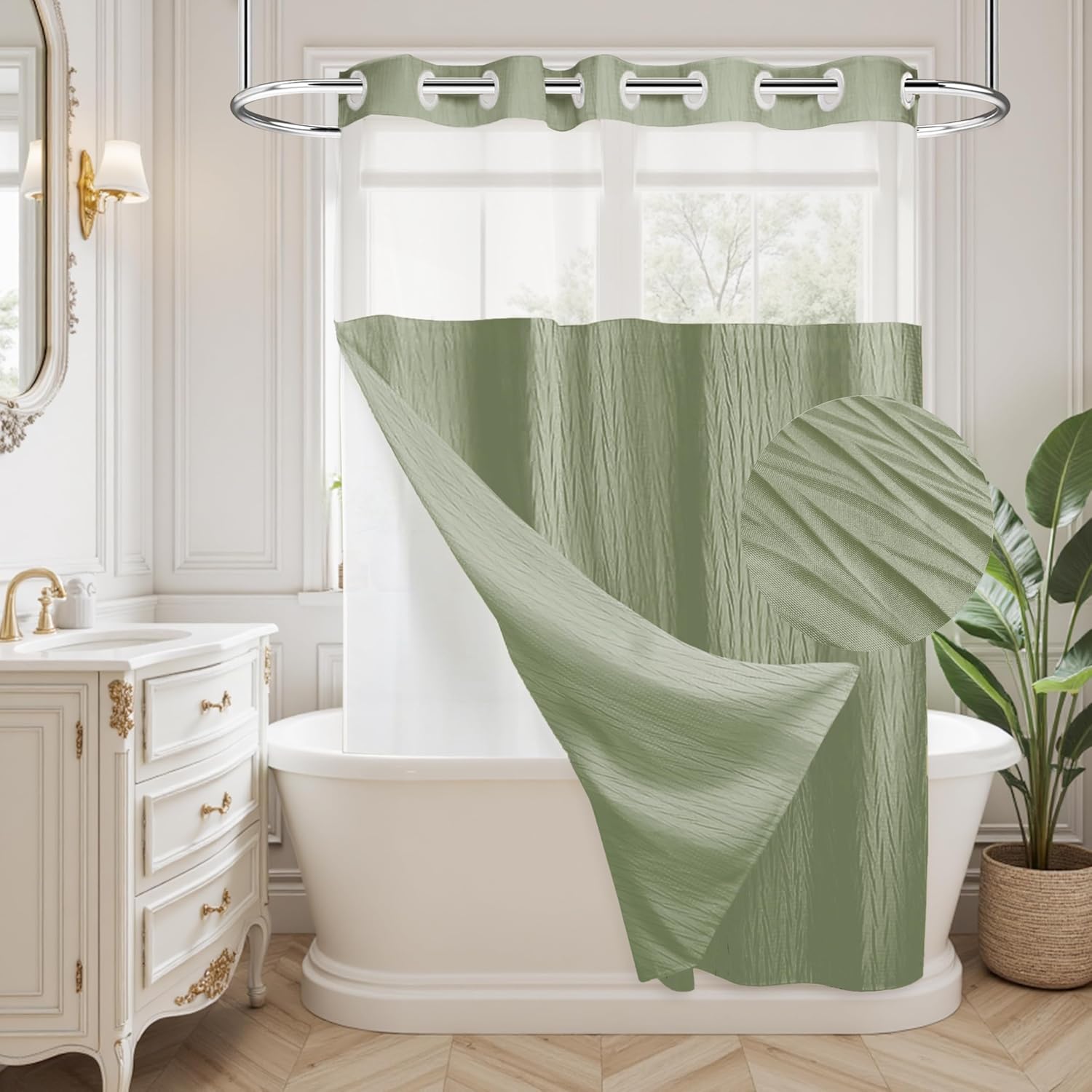 Sage Green Crumpled Shower Curtain Set with Snap-in Liner - 72x72
