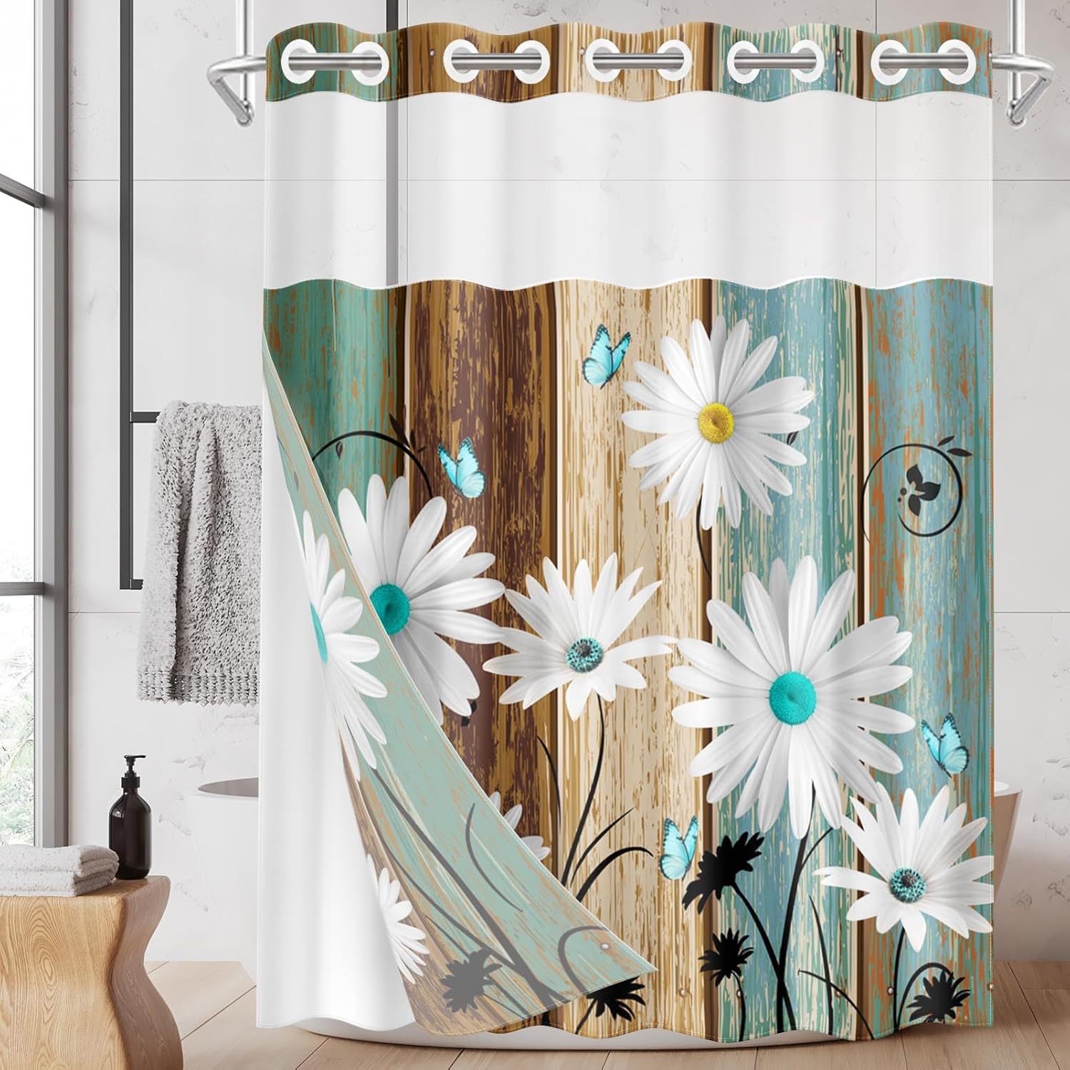 Nesphy Farmhouse Shower Curtain Set with Snap Liner White Daisy Butterfly Design