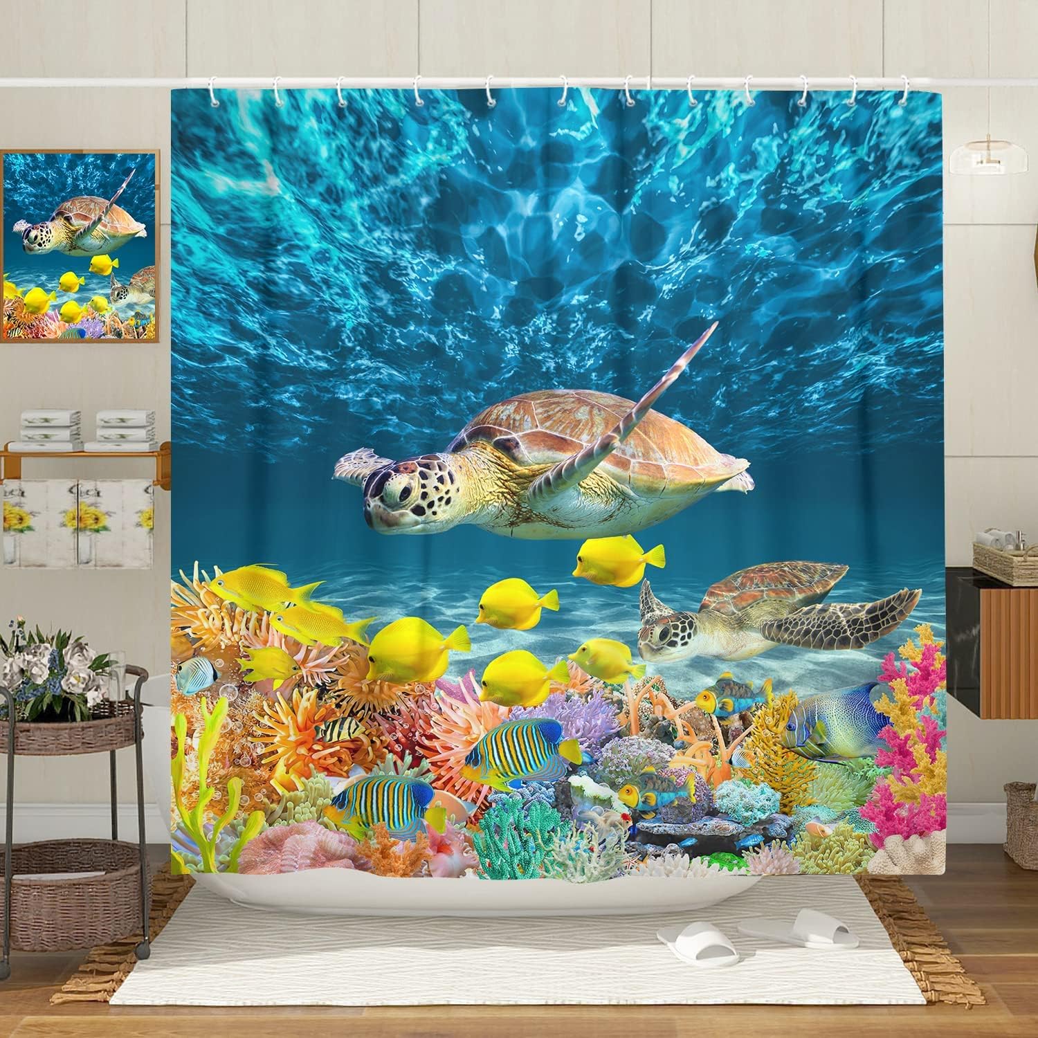 DYNH Sea Turtle Fabric Shower Curtain 69x70 Inch with Hooks Blue Bath Curtain