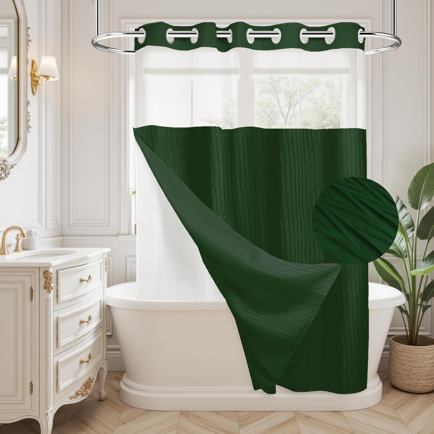Dark Green Crumpled Texture Shower Curtain Set with Snap-in Liner