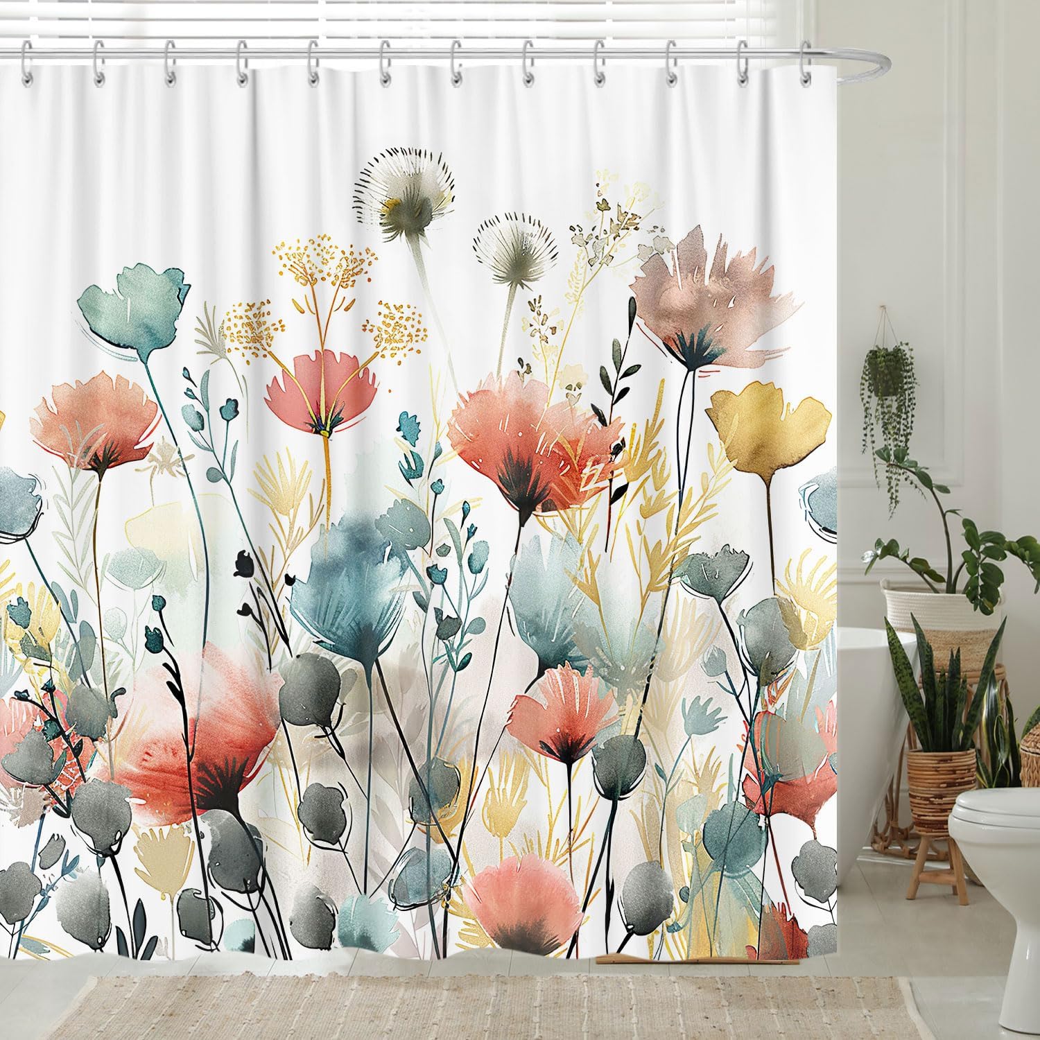 GOAOK Rustic Boho Floral Shower Curtain 72x72 with 12 Hooks