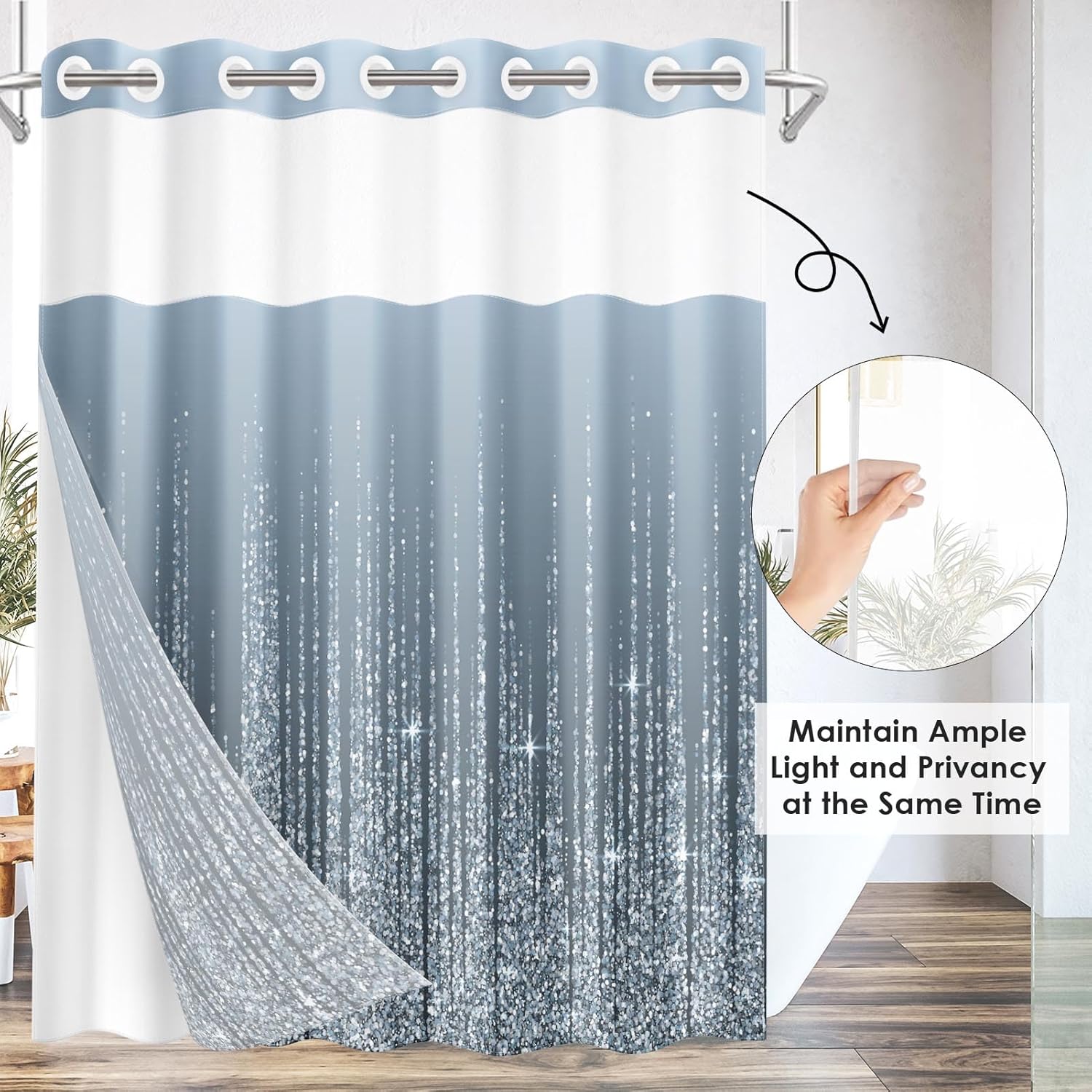 Nesphy No Hook Silver Dots Shower Curtain Set