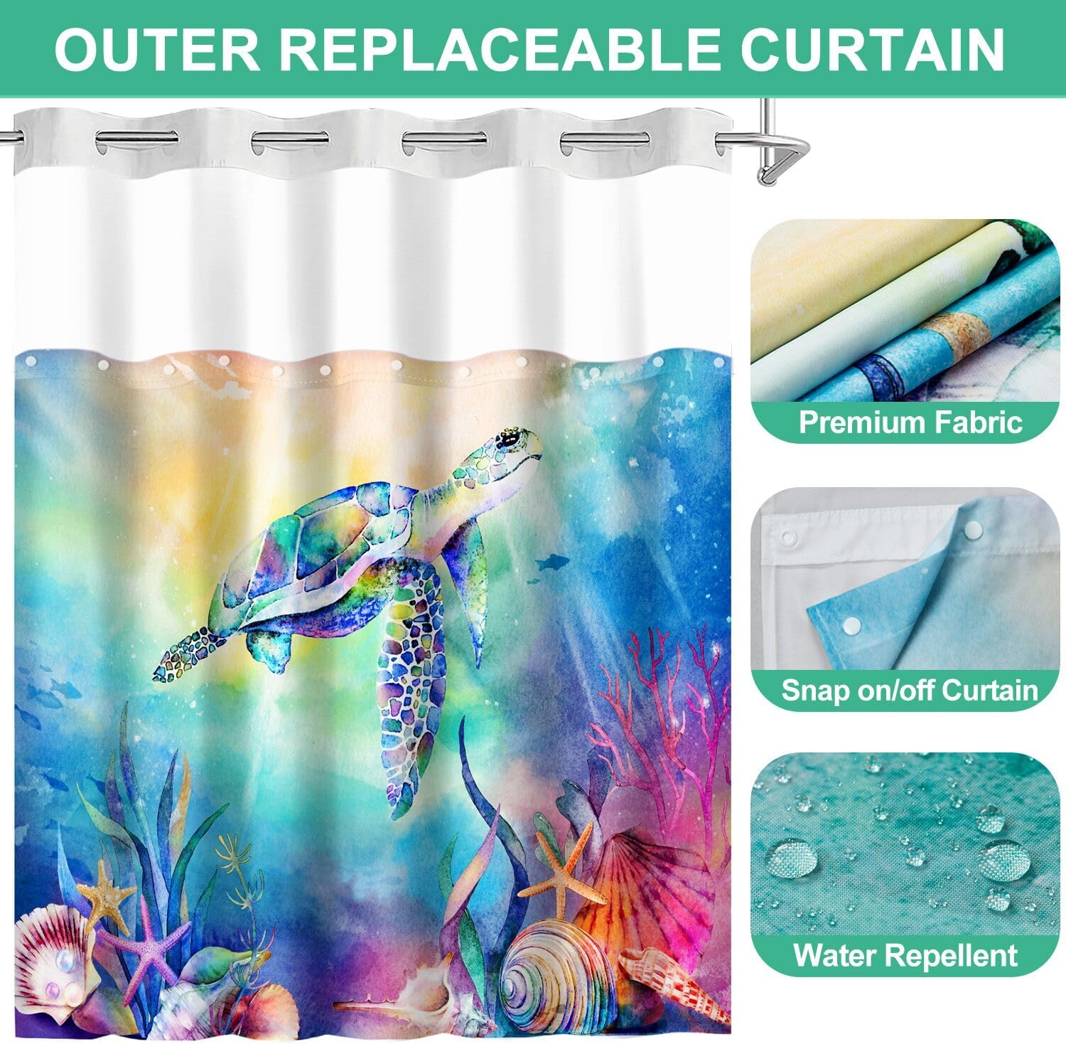 Lokigo Teal Blue Hookless Shower Curtain Set with Liner