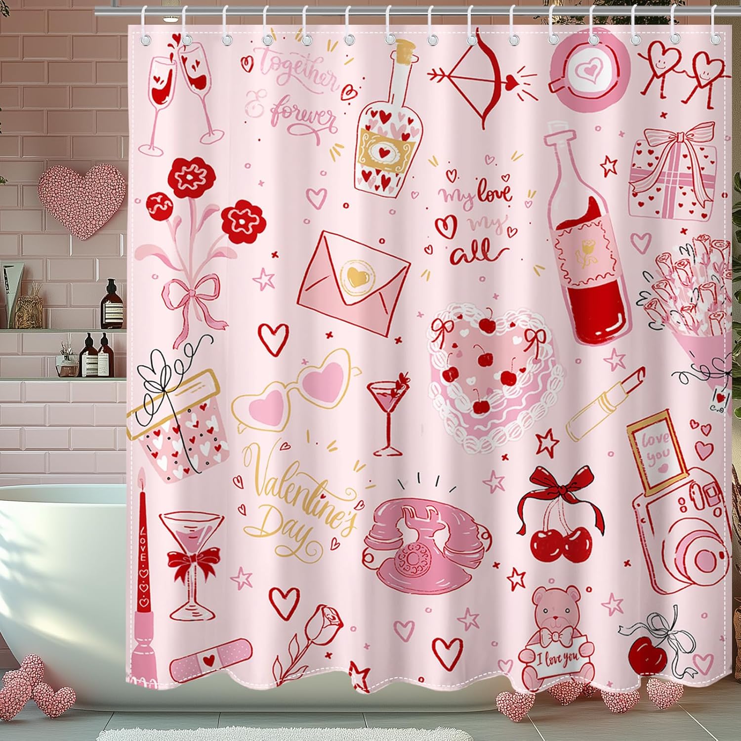 Pink Valentines Day Shower Curtain Set with 12 Hooks 72x72 Inches