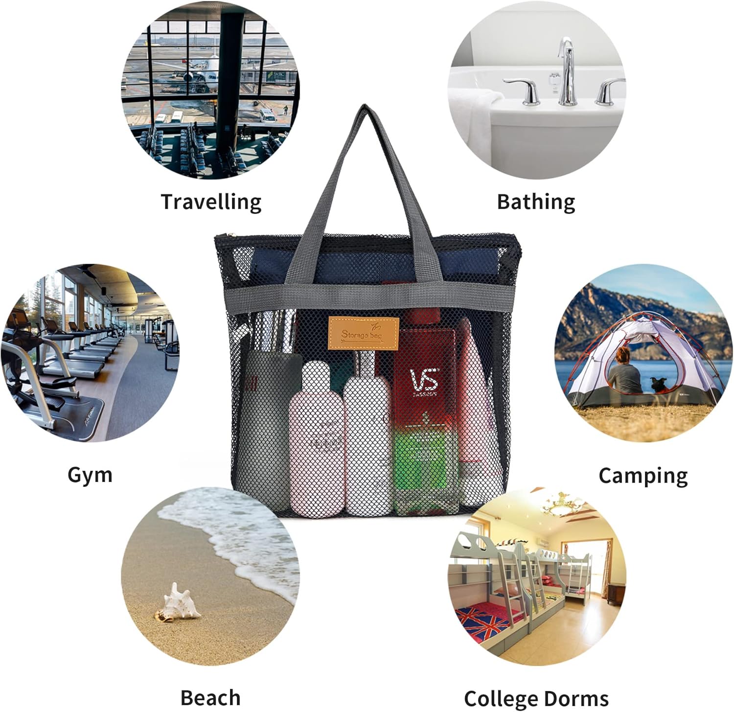 Mesh Shower Caddy Bag with Zipper for Travel and Gym