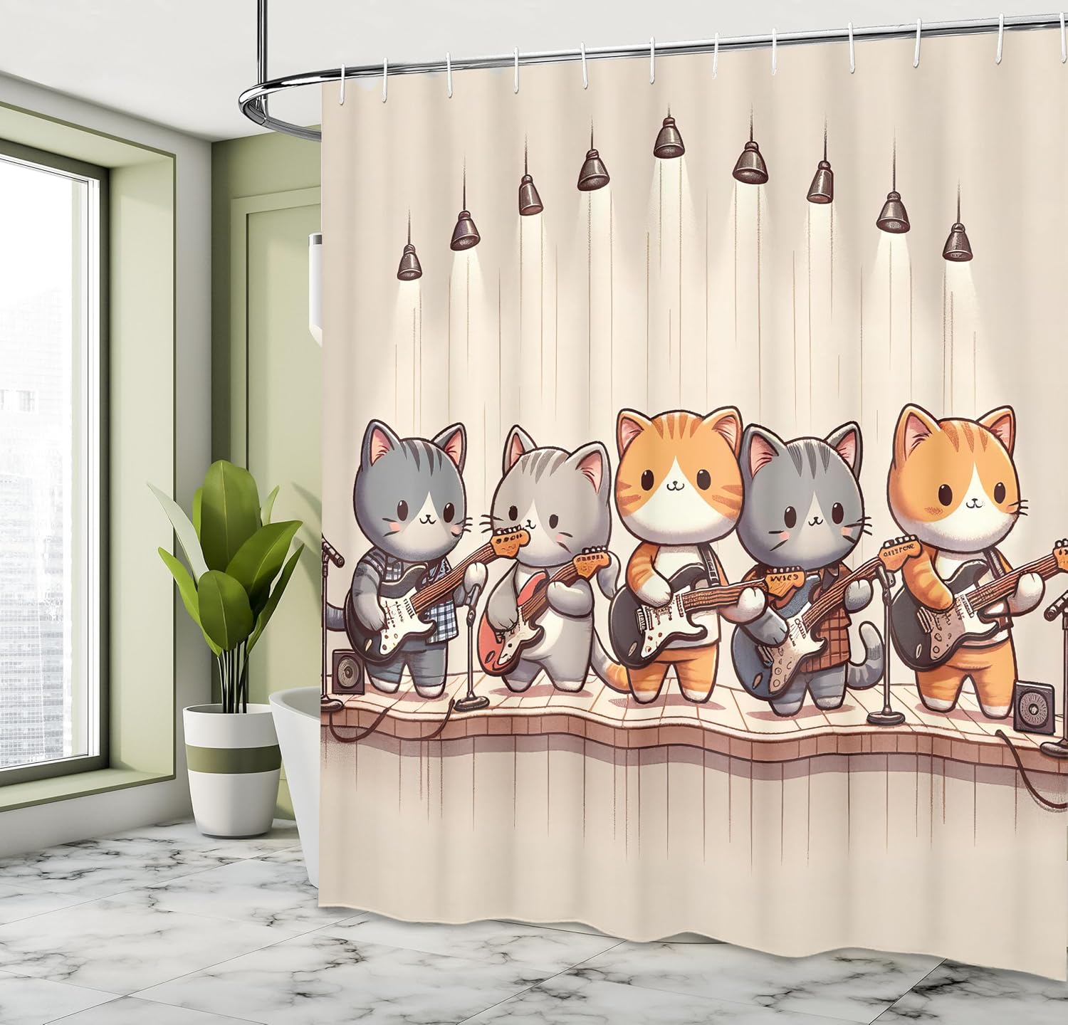 Ambesonne Kawaii Anime Cat Guitar Shower Curtain Set