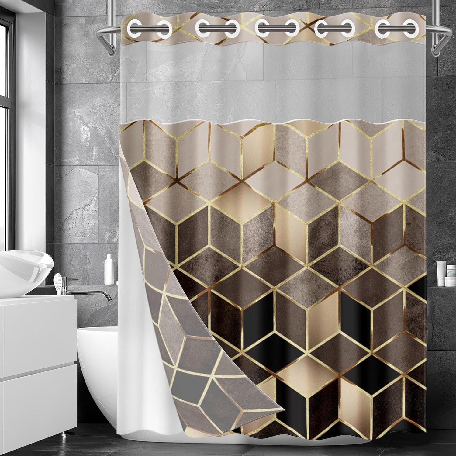 Nesphy No Hook Brown Shower Curtain Set with Clear Top Window