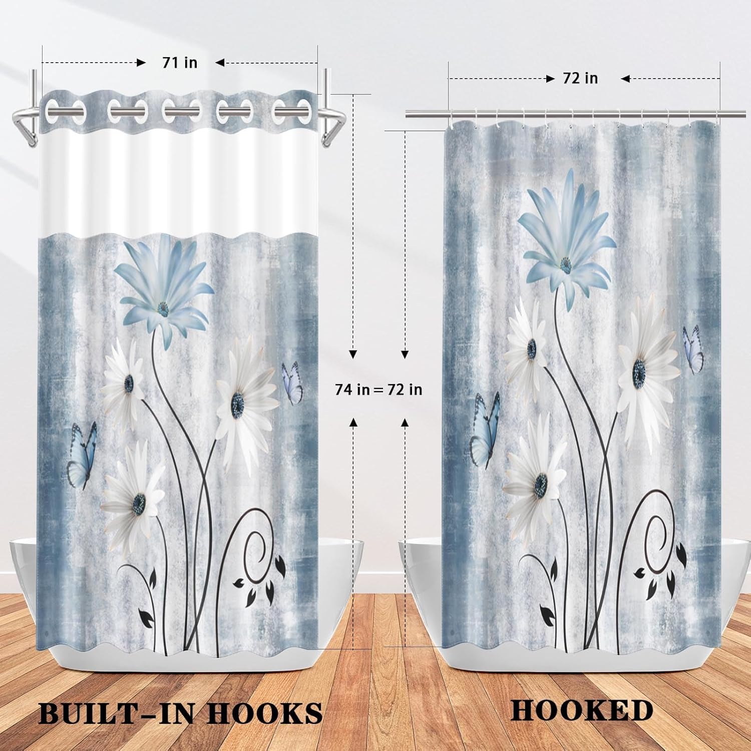 Nesphy Rustic Farmhouse Shower Curtain with PEVA Liner Set Blue Daisy Butterfly Style