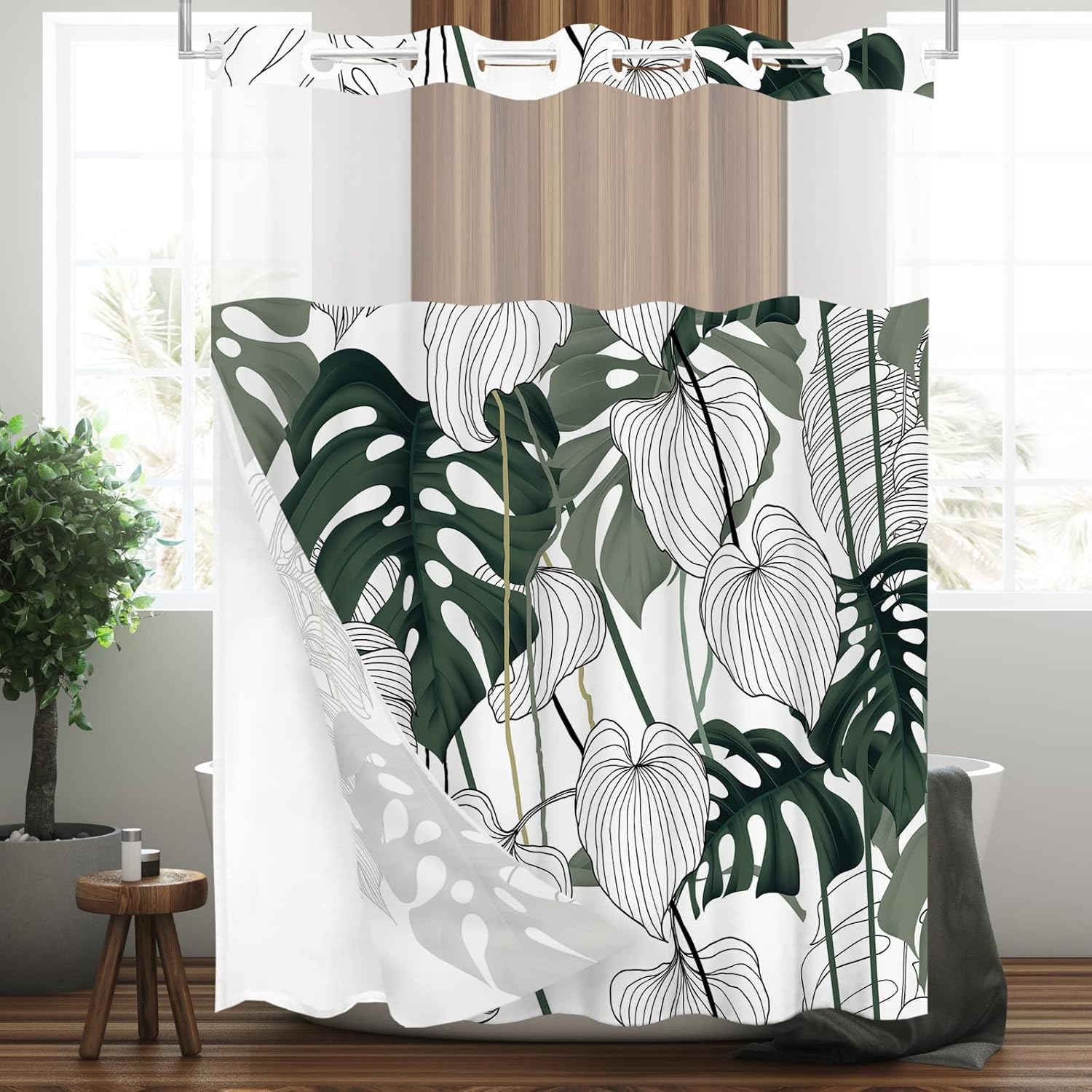 Tititex Snap-In Liner Tropical Palm Shower Curtain Set 72x72 Inch