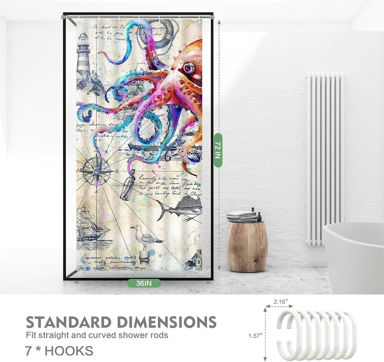 Lokigo Nautical Octopus Shower Curtain 36x72 with 7 Hooks