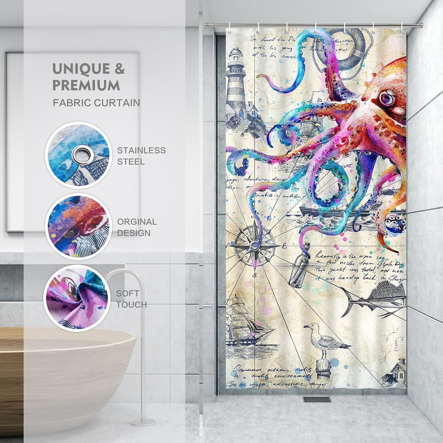 Lokigo Nautical Octopus Shower Curtain 36x72 with 7 Hooks