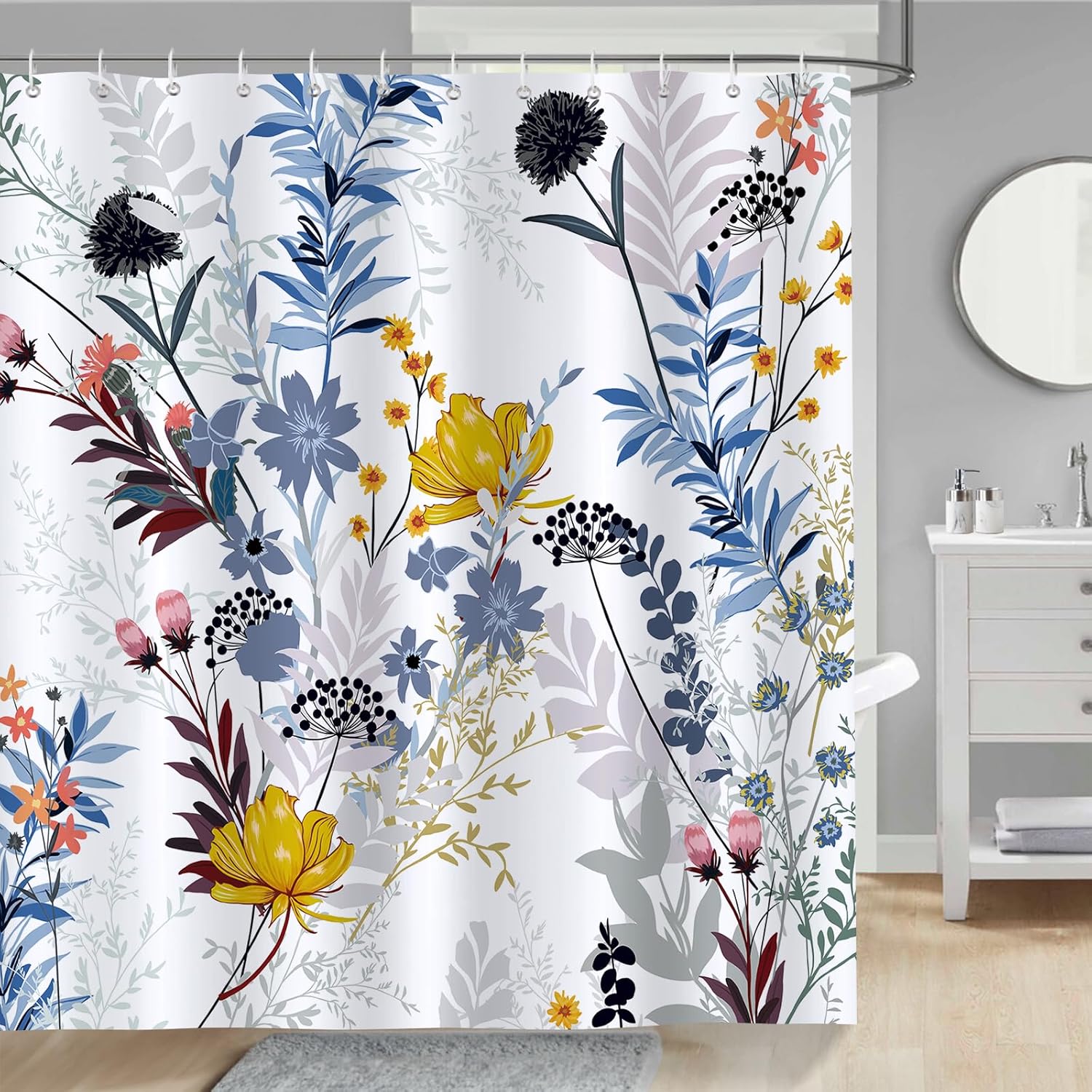 Bonhause Blue Wildflower Shower Curtain - 72x72 Inch Waterproof Boho Design