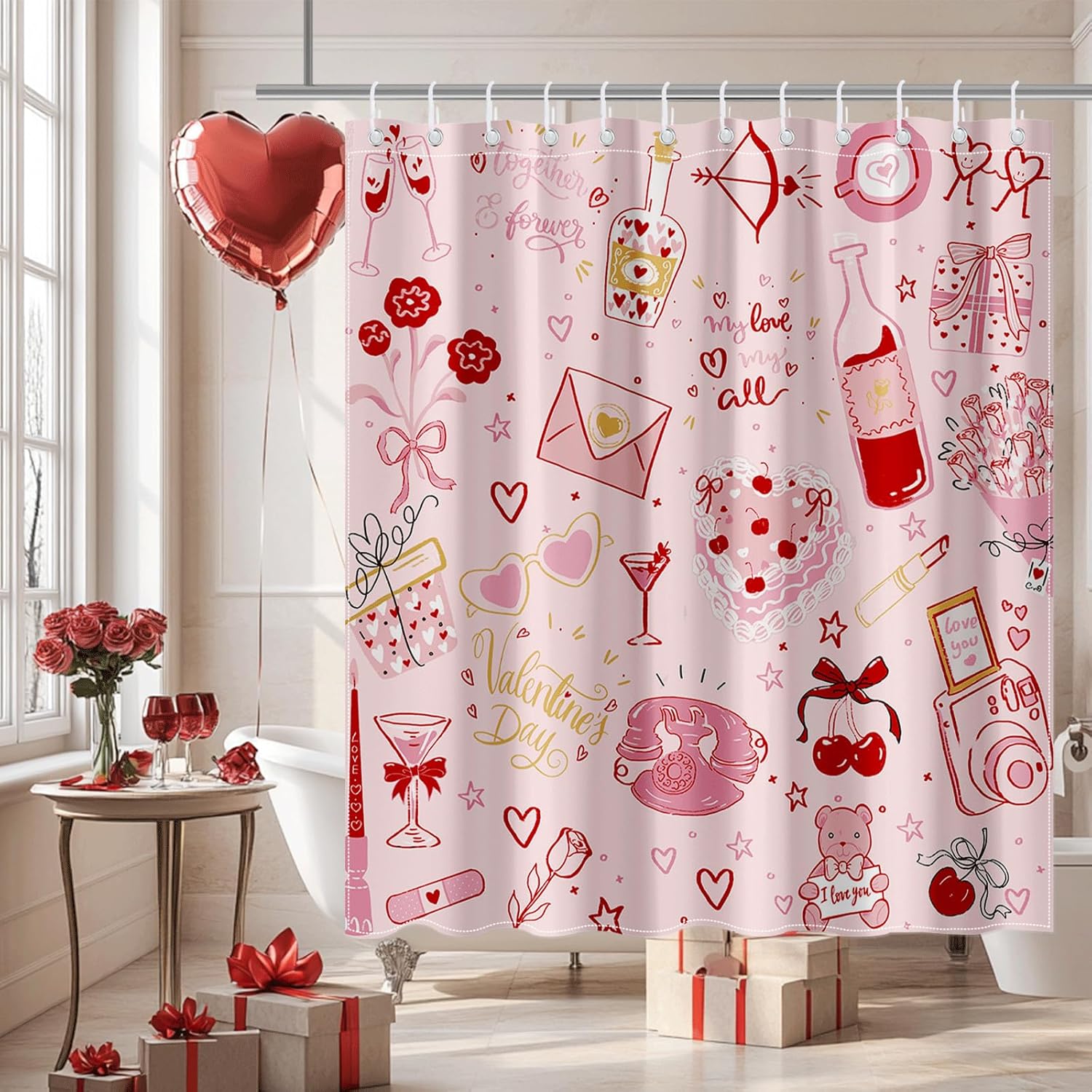 Pink Valentines Day Shower Curtain Set with 12 Hooks 72x72 Inches