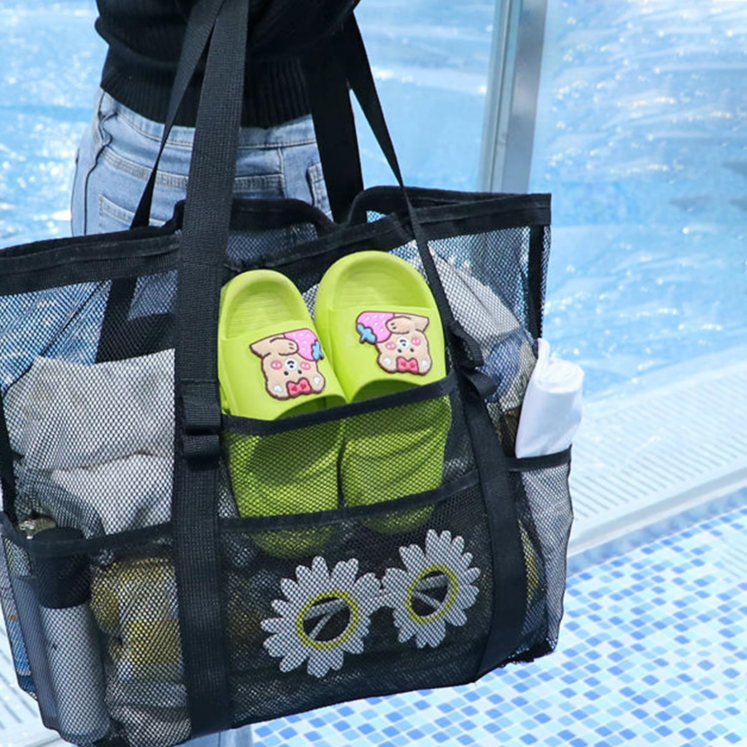 Pebipoo Mesh Shower Caddy Bag with 7 Pockets - Black