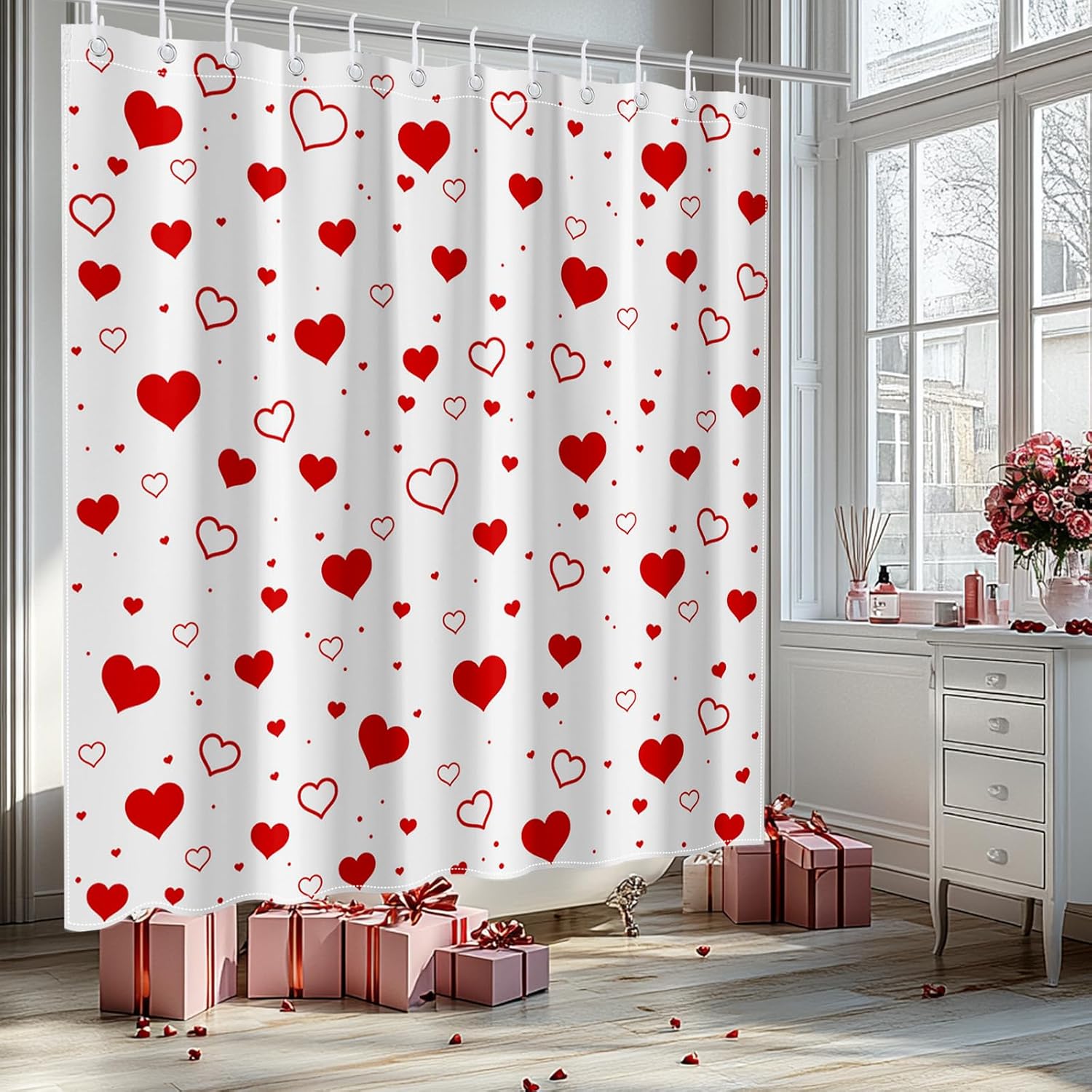 Mocsicka Red Heart Valentines Shower Curtain 72x72 Inches