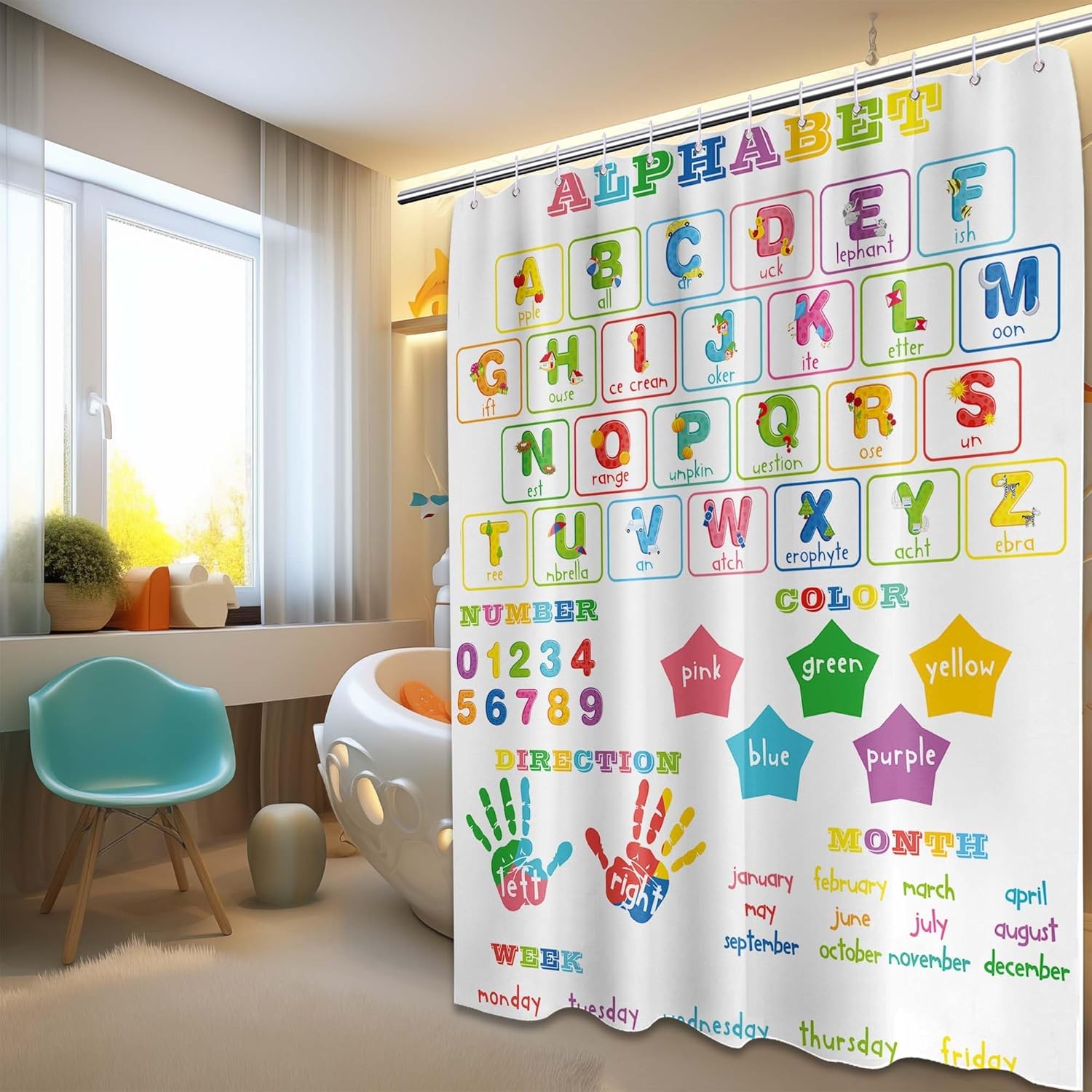ABC Learning Shower Curtain for Kids 70x72 inch Waterproof with Hooks