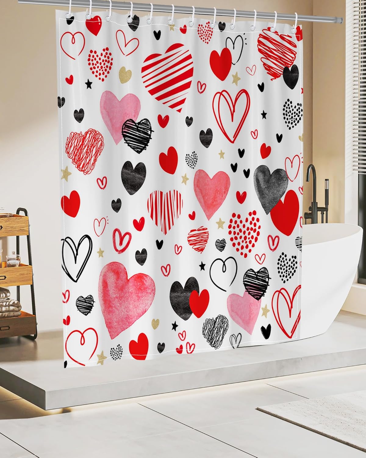 Valentines Day Red and Black Heart Shower Curtain Set with 12 Hooks