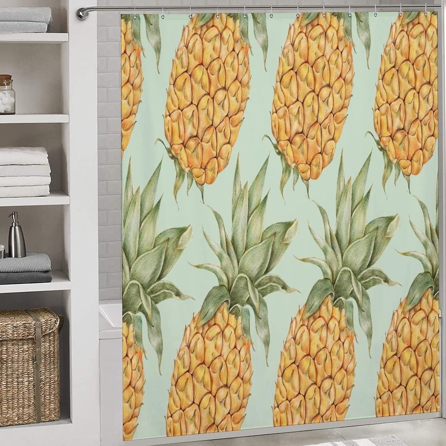Pineapple Yellow Fun Shower Curtain with 12 Hooks