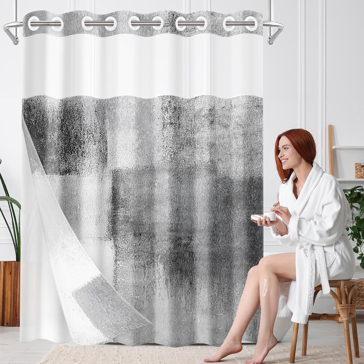 Nesphy Modern 71x74 Inch White Grey Shower Curtain Set