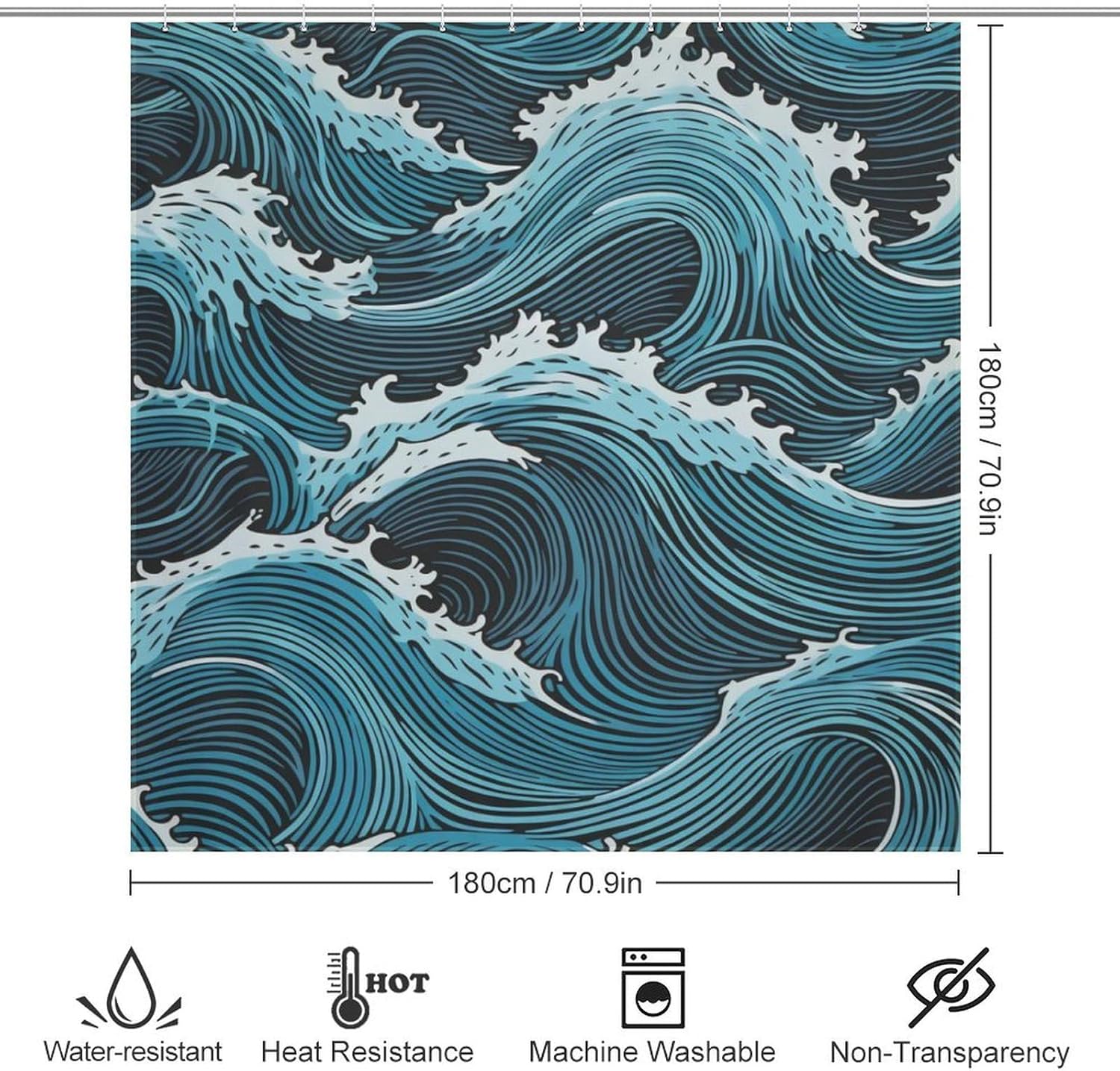 Blue Wave Boho Shower Curtain Set with 12 Hooks 72x72in