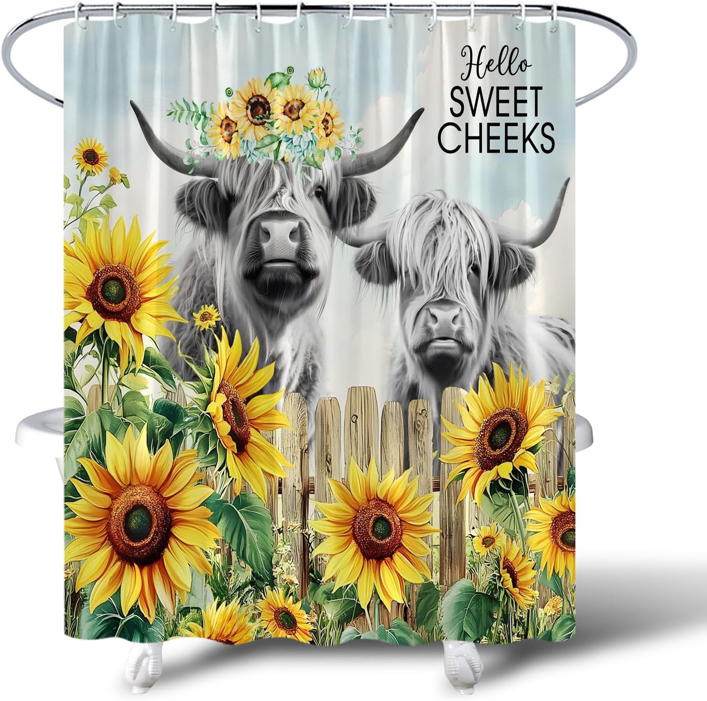 Rustic Cow Shower Curtain with Sunflower Floral Design