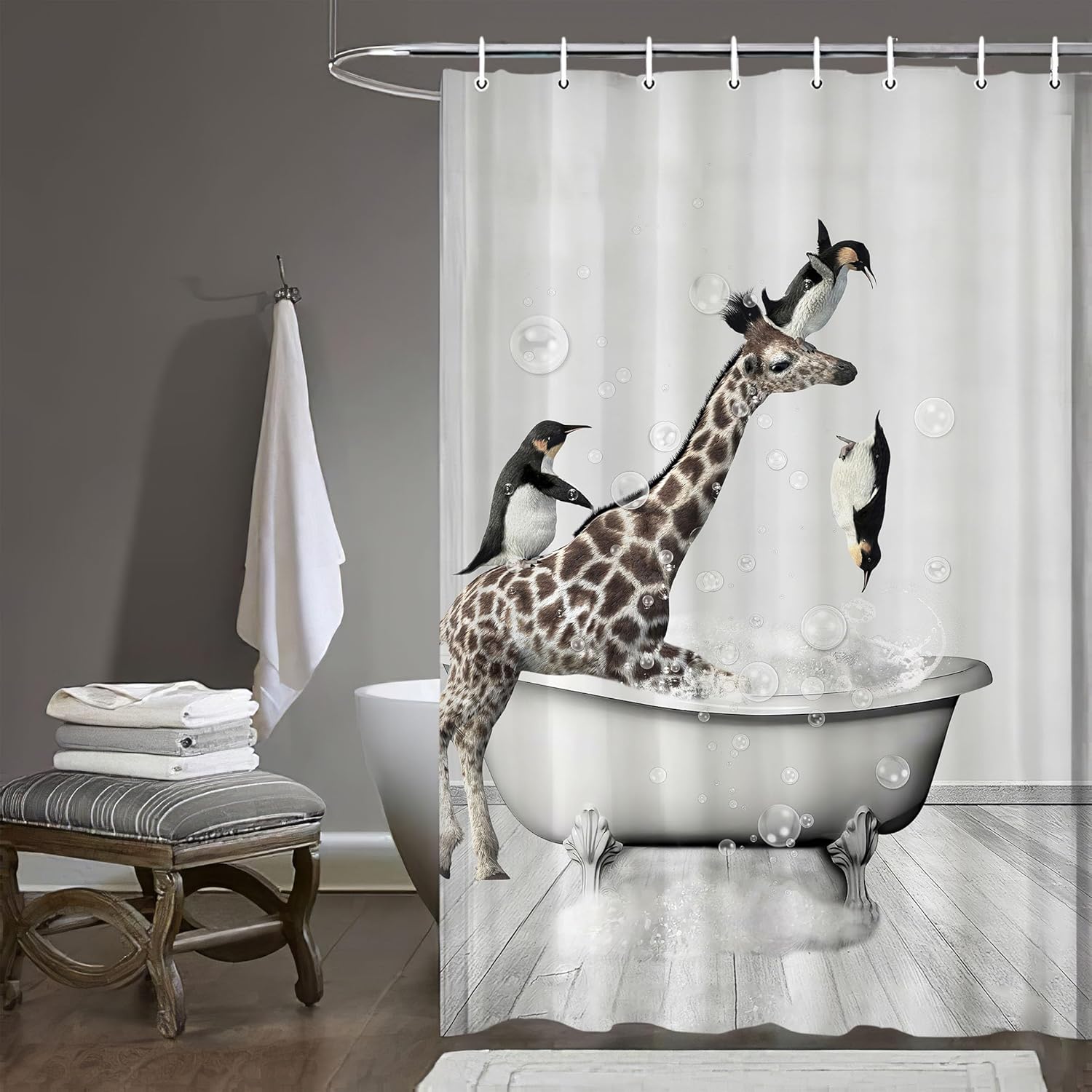 Banonaty Funny Giraffe Penguin Shower Curtain Set