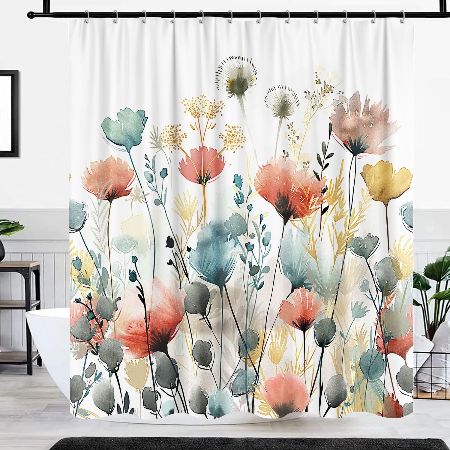 GOAOK Rustic Boho Floral Shower Curtain 72x72 with 12 Hooks