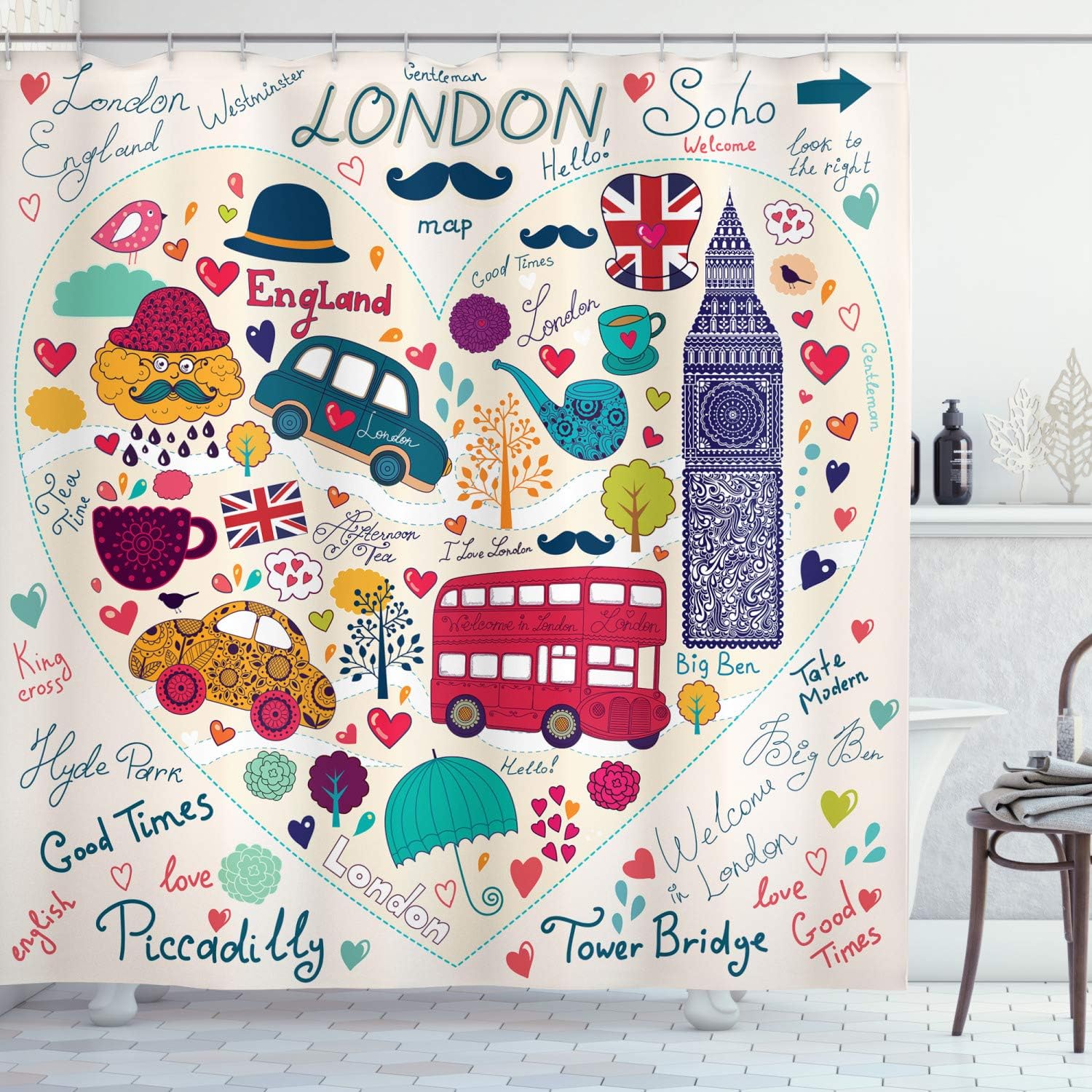 Ambesonne London Shower Curtain Set with Hooks