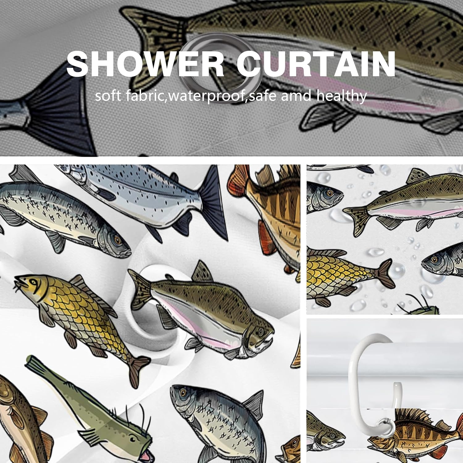 Yomane Fish Print Shower Curtain Set with 12 Hooks 72x72