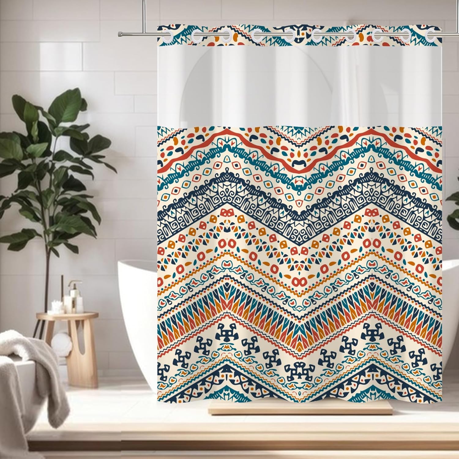 Yanutan No Hook Shower Curtain with Mesh and Liner 71x74in