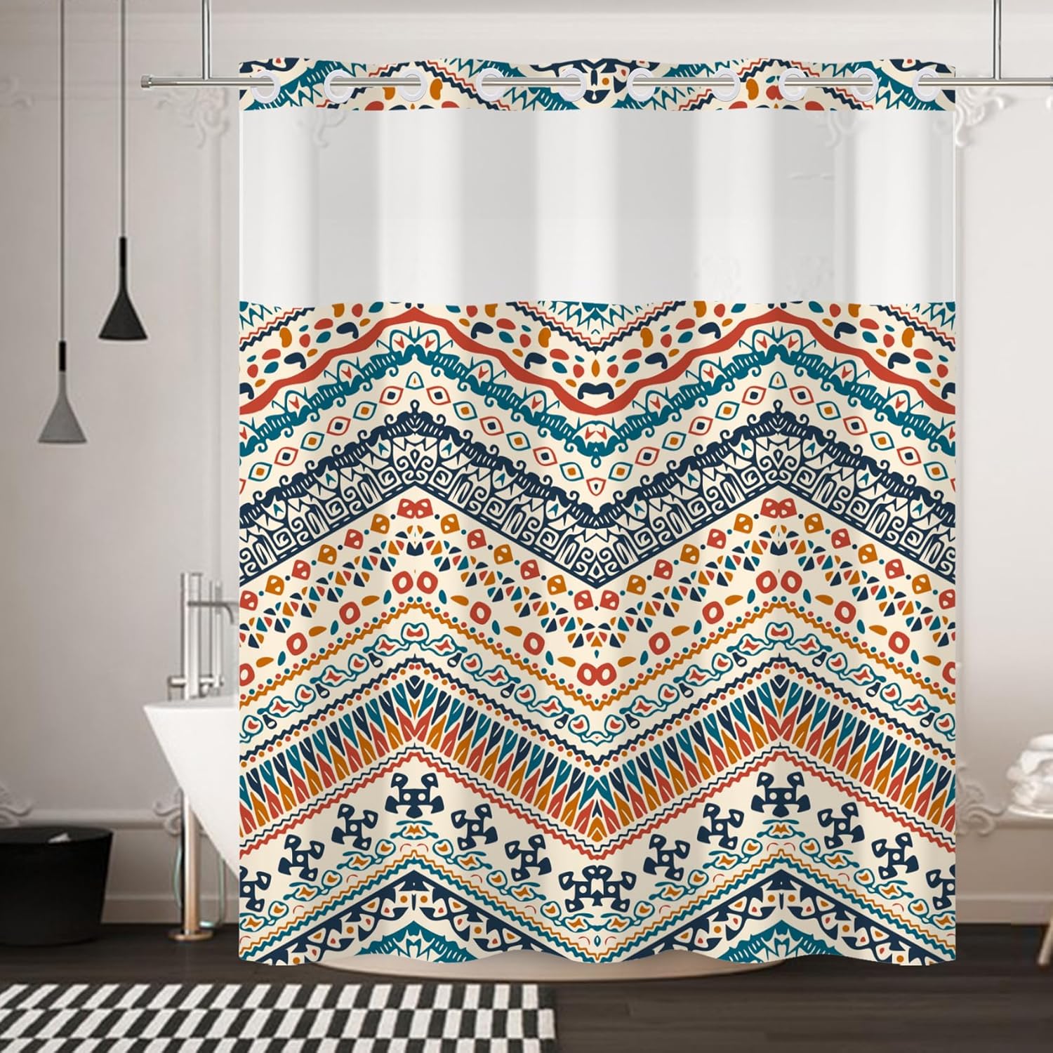 Yanutan No Hook Shower Curtain with Mesh and Liner 71x74in