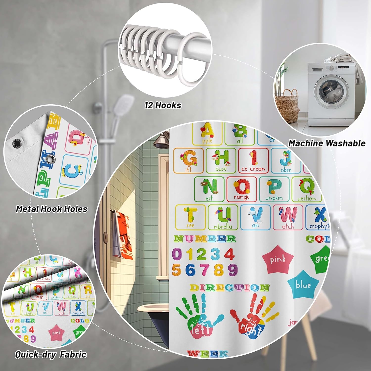 ABC Learning Shower Curtain for Kids 70x72 inch Waterproof with Hooks