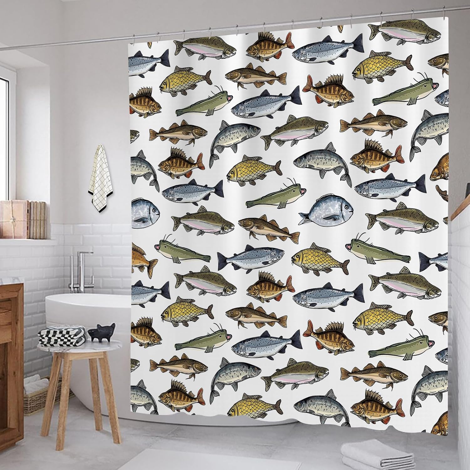Yomane Fish Print Shower Curtain Set with 12 Hooks 72x72