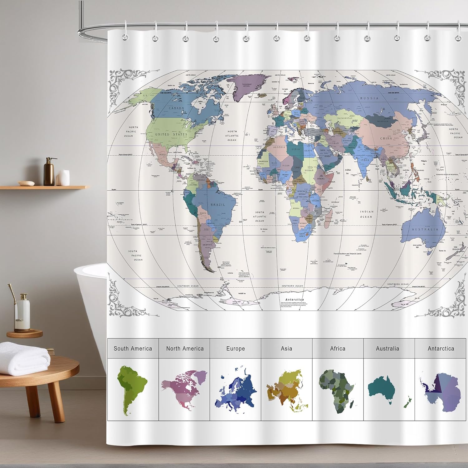 iTapnoom World Map Shower Curtain with 12 Hooks