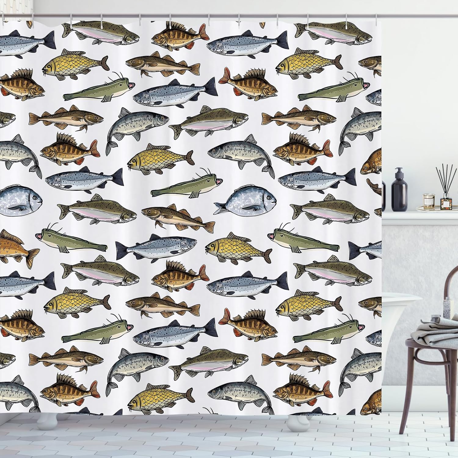 Yomane Fish Print Shower Curtain Set with 12 Hooks 72x72