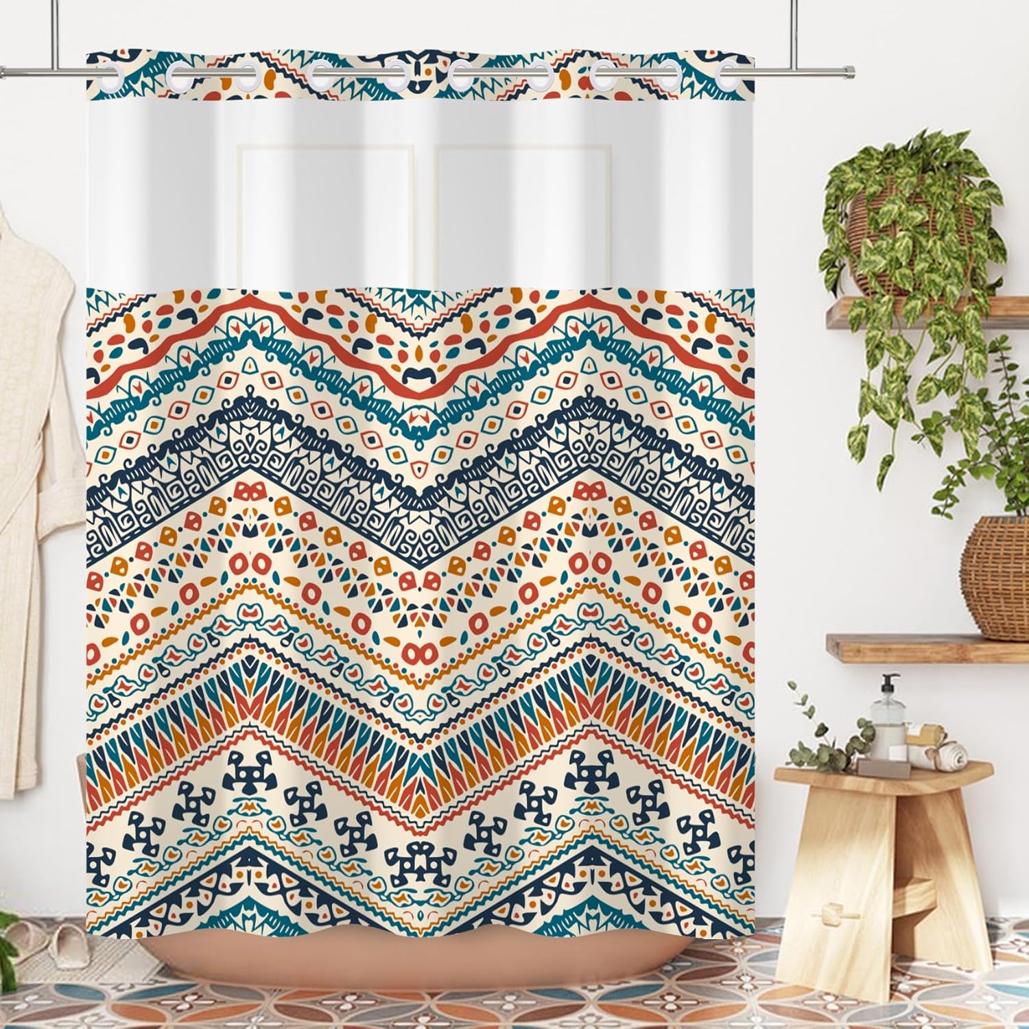 Yanutan No Hook Shower Curtain with Mesh and Liner 71x74in