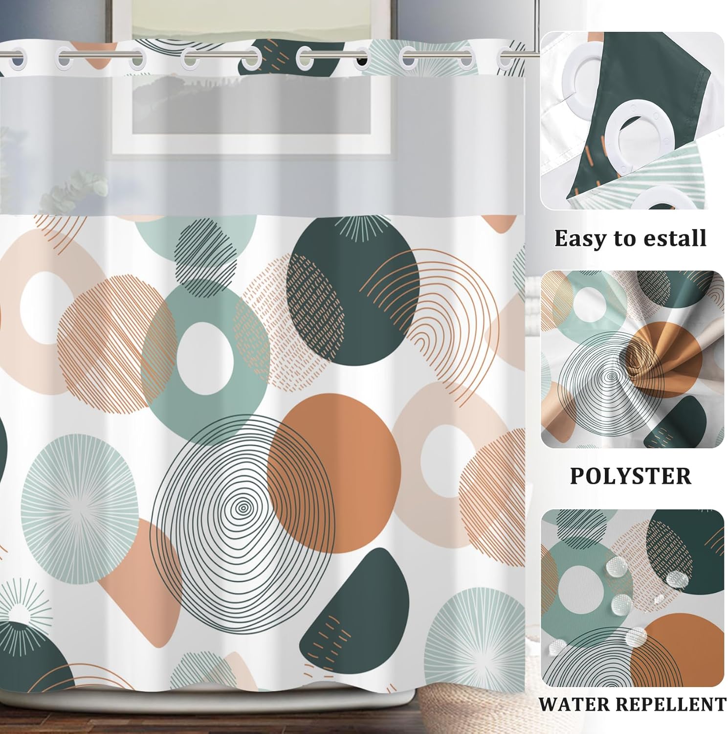 Baocicco Abstract Circle Shower Curtain Set with Built-in Liner